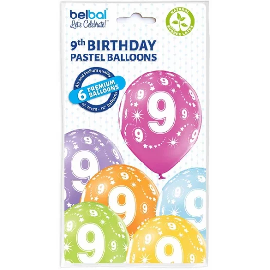 6 balloons assorted number 9 27.5cm