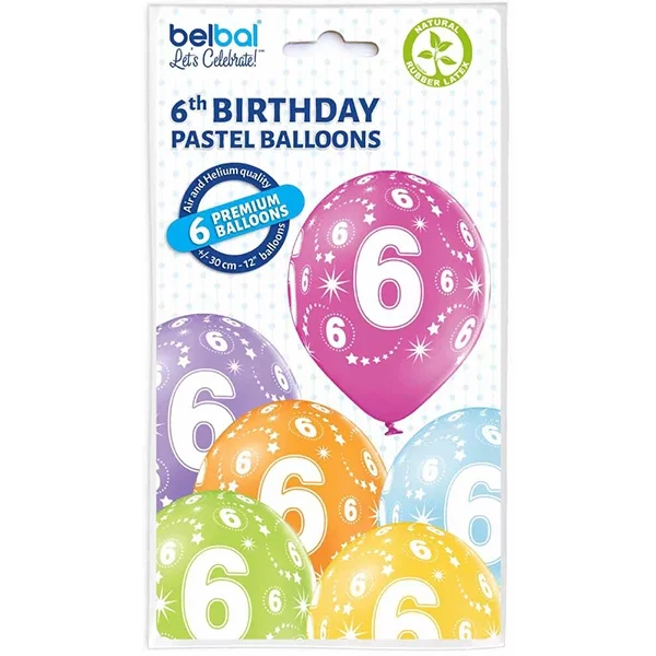 6 balloons assorted number 6 27.5cm