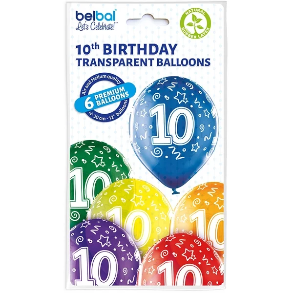 6 Ballone assortiert Zahl 10 27.5cm